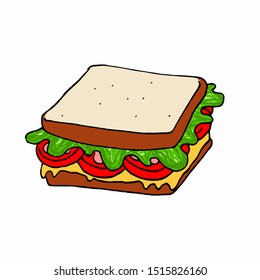 Vector illustration of a tomato, lettuce and melted cheese sandwich