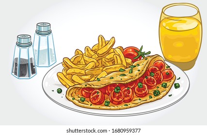 Vector illustration of a tomato omelette with fries and orange juice.