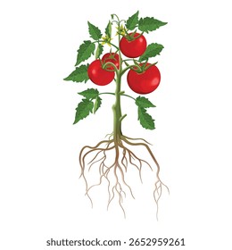 Vector illustration of a tomato plant with roots, leaves, and ripe red fruits. Educational botanical drawing isolated on white background. Useful for farming, gardening, biology, and agro design.