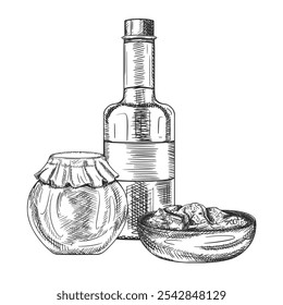 Vector illustration with tomato sauces, glass jars and plate. Kitchen utensils, tools, dishes. Ingredients for cooking, farm products. Hand drawn illustration in line black art, isolated background