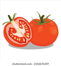 Vector illustration of tomato set. Whole and half cut tomatoes isolated on white background. Vector cartoon illustration. Fresh red vegetable, vegetarian, vegan healthy organic icon food