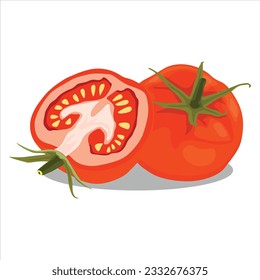 Ilustración vectorial del conjunto de tomates. Tomates enteros y medio cortados aislados en fondo blanco. Ilustración de dibujos animados. Vegetales de color rojo, vegetarianos, vegetales y alimentos orgánicos
