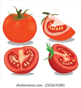 Ilustración vectorial del conjunto de tomates. Tomates enteros y medio cortados aislados en fondo blanco. Ilustración de dibujos animados. Vegetales de color rojo, vegetarianos, vegetales y alimentos orgánicos