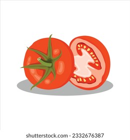 Vector illustration of tomato set. Whole and half cut tomatoes isolated on white background. Vector cartoon illustration. Fresh red vegetable, vegetarian, vegan healthy organic icon food
