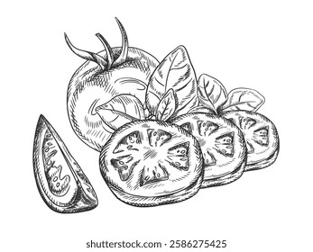Ilustración vectorial de tomate, rebanada, hoja de albahaca. Verduras frescas orgánicas, cosecha saludable. Ingredientes, productos agrícolas. Dibujado a mano en estilo de arte de línea pintado con tinta negra sobre fondo aislado