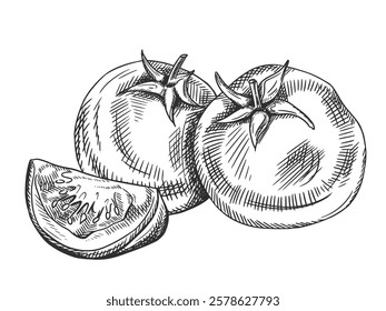 Vector illustration of tomato and slice. Fresh vegetables, healthy harvest. Ingredients, organic farming products. Hand drawn in line art style painted by black ink on isolated background