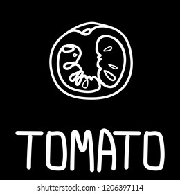 Vector illustration of the tomato slice, hand-drawn only in white outline placed with hand-drawn lettering on a black background.