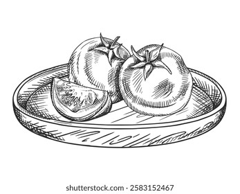 Vector illustration of tomato, slice on wooden plate. Organic fresh vegetables, healthy harvest. Ingredients, farming products. Hand drawn, line art style painted by black ink on isolated background