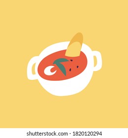 Vector illustration of tomato soup in a bowl with piece of toast and creamy sauce and spices