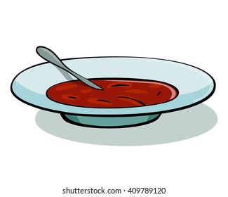 Vector Illustration Of Tomato Soup In A White Bowl. Soup Illustration. Soup Icon. Soup Icon Vector. Soup Icon Art.  Debuff; Farming; Farm; Drop; Loot; Kharcho; Borsch; Borshch; Russian Food