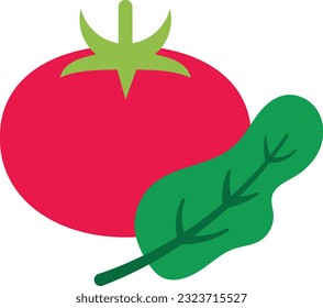 Vector illustration of a tomato and a spinach leaf. Healthy vegan food. Vegetable diet.