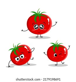vector illustration of tomato, various character emotions. cute vegetables icon. cartoon flat style. stickers