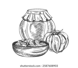 Vector illustration of tomato, wooden dish with sauce and jar. Organic fresh vegetables, healthy harvest. Ingredients, farming products. Hand drawn, line art style by black ink on isolated background
