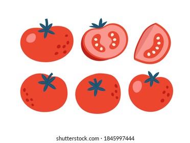 Vector illustration of tomatoes. Set of tomatoes isolated on white background. Illustration of vegetables. Vegan concept. Suitable for illustrating healthy eating, recipes, local farm.