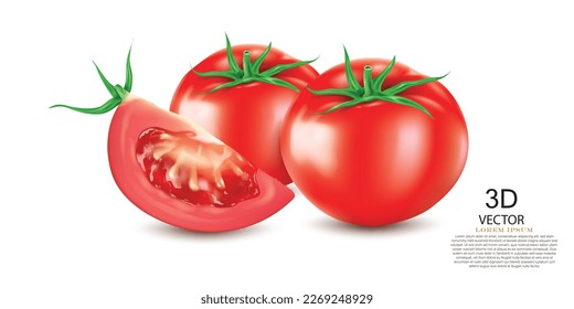 Vektorgrafik-Tomaten und Tomatenschnitt-Design einzeln auf weißem Hintergrund.realistisches Vektorgrafik-Design-Konzept.
