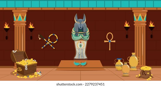 Vector illustration of the tomb of the pharaoh in cartoon style. An ancient room with gold in chests, bags and pots illuminating with torches. Ancient Egyptian symbols and culture.