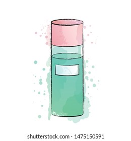 Vector illustration of toner, lotion or micellar water. Skincare routine. Watercolor texture background. Cosmetics package mockup. Treatment. For fashion magazine, web, beauty blog. Cosmetology.