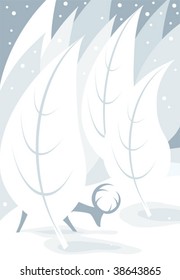 a vector illustration in tones of blue of a deer eating in a windy, snowy forrest