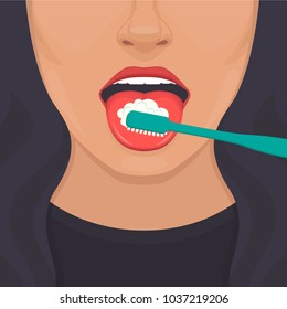 Vector Illustration Of Tongue Hygiene, Brush And Toothbrush . Dental Care. White Teeth Clean