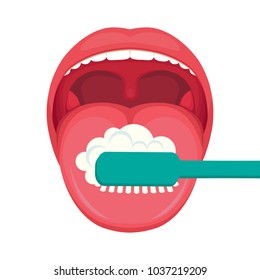 vector illustration of tongue hygiene, brush and toothbrush . dental care. white teeth clean