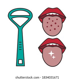 Vector illustration of tongue hygiene. Tongue cleaner, dirty and clean tongue isolated in white. Dental care. Oral hygiene and dental procedures concept. Flat style