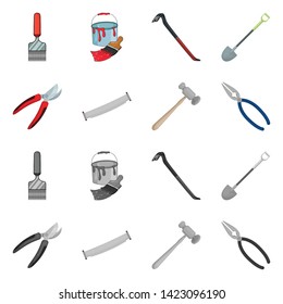Vector illustration of tool and construction symbol. Set of tool and carpentry stock vector illustration.