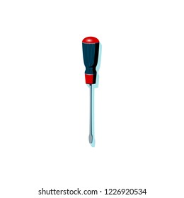 Vector illustration tool screwdriver in flat style. Icons of screwdriver with turquoise shadow on white background, color drawing, object with shadow in red, gray and black. Handyman toolkit item