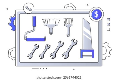 Vector illustration of a toolbox containing wrenches, brushes, a paint roller, and a saw. Includes gear icons and dollar signs. Concept of tools, repair, maintenance, and construction work