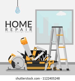 vector illustration of toolbox with repair tools in the room with white wall and city view through thru the window. home repair concept with copy space for you text or company name, flat design