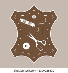 Vector illustration with tools and accessories for sewing. Button, thread, scissors, needle. Template for design, fabric, print.