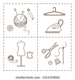Vector illustration with tools, accessories for sewing. Buttons, clew, knitting needles, threads, iron, hanger, thimble, pins, needle, scissors, dummy, tape. Template for design, fabric, print.