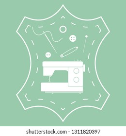 Vector illustration with tools and accessories for sewing. Button, thread, sewing machine, pins, needle. Template for design, fabric, print.