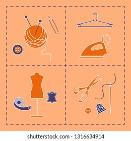 Vector illustration with tools, accessories for sewing. Buttons, clew, knitting needles, threads, iron, hanger, thimble, pins, needle, scissors, dummy, tape. Template for design, fabric, print.