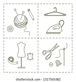 Vector illustration with tools, accessories for sewing. Buttons, clew, knitting needles, threads, iron, hanger, thimble, pins, needle, scissors, dummy, tape. Template for design, fabric, print.