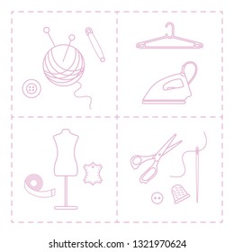 Vector illustration with tools, accessories for sewing. Buttons, clew, knitting needles, threads, iron, hanger, thimble, pins, needle, scissors, dummy, tape. Template for design, fabric, print.
