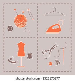 Vector illustration with tools, accessories for sewing. Buttons, clew, knitting needles, threads, iron, hanger, thimble, pins, needle, scissors, dummy, tape. Template for design, fabric, print.