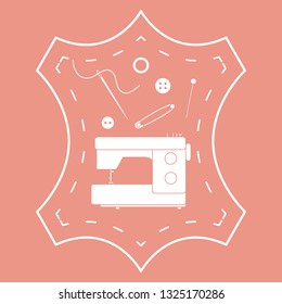 Vector illustration with tools and accessories for sewing. Button, thread, sewing machine, pins, needle. Template for design, fabric, print.