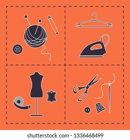 Vector illustration with tools, accessories for sewing. Buttons, clew, knitting needles, threads, iron, hanger, thimble, pins, needle, scissors, dummy, tape. Template for design, fabric, print.