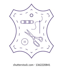 Vector illustration with tools and accessories for sewing. Button, thread, scissors, needle. Template for design, fabric, print.