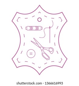 Vector illustration with tools and accessories for sewing. Button, thread, scissors, needle. Template for design, fabric, print.
