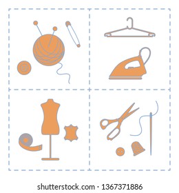 Vector illustration with tools, accessories for sewing. Buttons, clew, knitting needles, threads, iron, hanger, thimble, pins, needle, scissors, dummy, tape. Template for design, fabric, print.