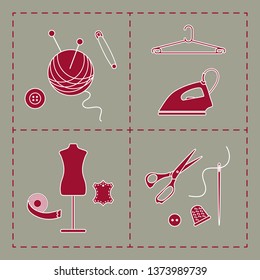 Vector illustration with tools, accessories for sewing. Buttons, clew, knitting needles, threads, iron, hanger, thimble, pins, needle, scissors, dummy, tape. Template for design, fabric, print.