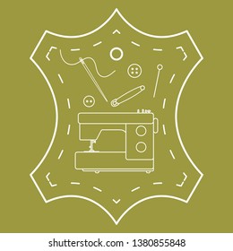 Vector illustration with tools and accessories for sewing. Button, thread, sewing machine, pins, needle. Template for design, fabric, print.