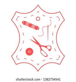 Vector illustration with tools and accessories for sewing. Button, thread, scissors, needle. Template for design, fabric, print.