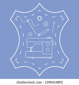 Vector illustration with tools and accessories for sewing. Button, thread, sewing machine, pins, needle. Template for design, fabric, print.