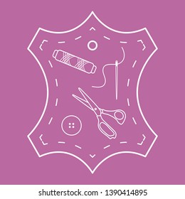 Vector illustration with tools and accessories for sewing. Button, thread, scissors, needle. Template for design, fabric, print.