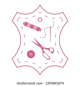 Vector illustration with tools and accessories for sewing. Button, thread, scissors, needle. Template for design, fabric, print.