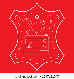 Vector illustration with tools and accessories for sewing. Button, thread, sewing machine, pins, needle. Template for design, fabric, print.