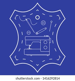Vector illustration with tools and accessories for sewing. Button, thread, sewing machine, pins, needle. Template for design, fabric, print.