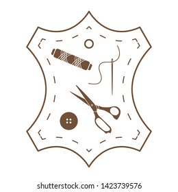 Vector illustration with tools and accessories for sewing. Button, thread, scissors, needle. Template for design, fabric, print.